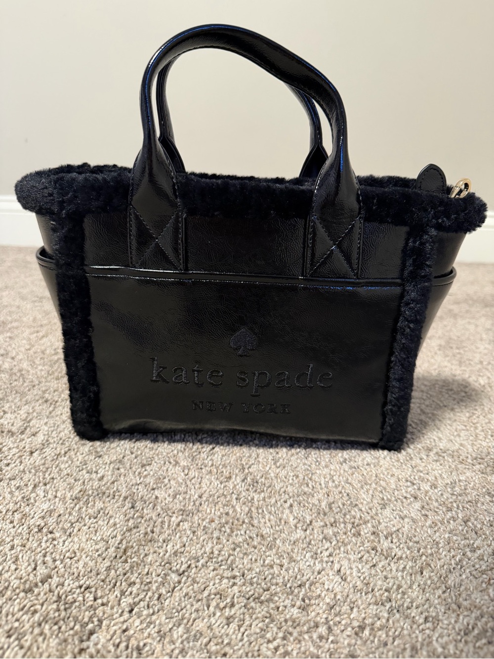 kate spade Black Leather Tote with Shearling Trim